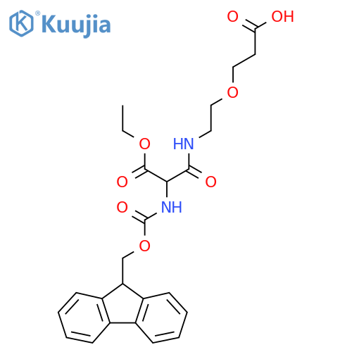 3-{2-2-(ethyl carboxy)-2-({(9H-fluoren-9-yl)methoxycarbonyl}amino)acetamidoethoxy}propanoic acid structure