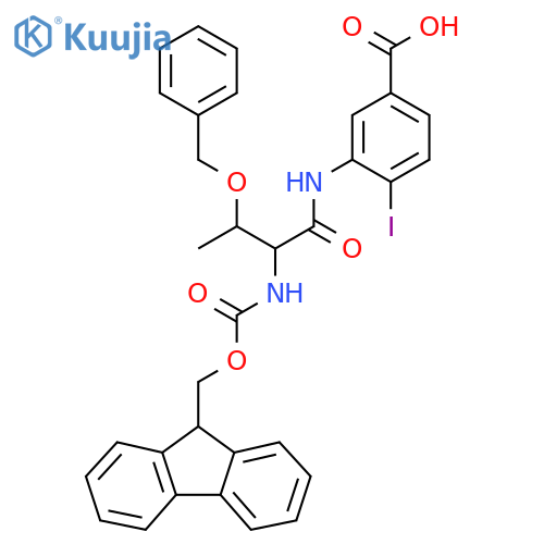 3-3-(benzyloxy)-2-({(9H-fluoren-9-yl)methoxycarbonyl}amino)butanamido-4-iodobenzoic acid structure