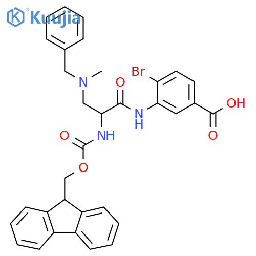3-{3-benzyl(methyl)amino-2-({(9H-fluoren-9-yl)methoxycarbonyl}amino)propanamido}-4-bromobenzoic acid structure