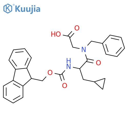 2-N-benzyl-3-cyclopropyl-2-({(9H-fluoren-9-yl)methoxycarbonyl}amino)propanamidoacetic acid structure