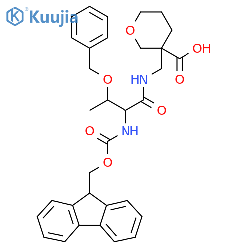 3-{3-(benzyloxy)-2-({(9H-fluoren-9-yl)methoxycarbonyl}amino)butanamidomethyl}oxane-3-carboxylic acid structure