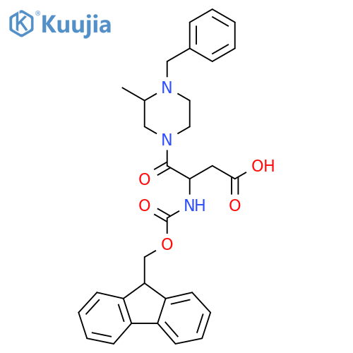 4-(4-benzyl-3-methylpiperazin-1-yl)-3-({(9H-fluoren-9-yl)methoxycarbonyl}amino)-4-oxobutanoic acid structure