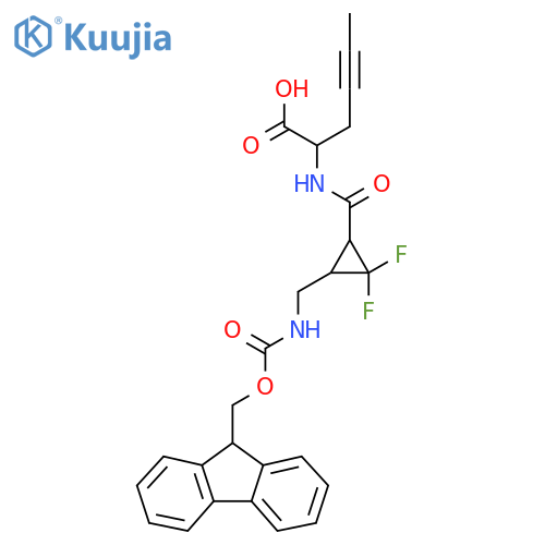 2-({3-({(9H-fluoren-9-yl)methoxycarbonyl}amino)methyl-2,2-difluorocyclopropyl}formamido)hex-4-ynoic acid structure