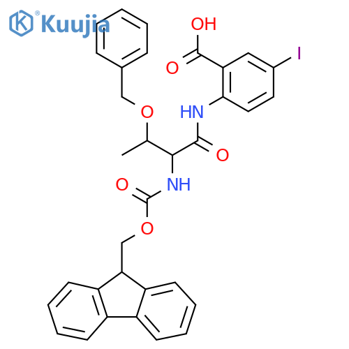 2-3-(benzyloxy)-2-({(9H-fluoren-9-yl)methoxycarbonyl}amino)butanamido-5-iodobenzoic acid structure