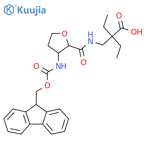 2-ethyl-2-({3-({(9H-fluoren-9-yl)methoxycarbonyl}amino)oxolan-2-ylformamido}methyl)butanoic acid structure