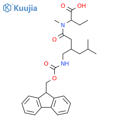 2-{3-({(9H-fluoren-9-yl)methoxycarbonyl}amino)methyl-N,5-dimethylhexanamido}butanoic acid structure