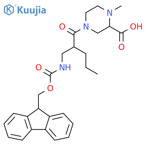 4-{2-({(9H-fluoren-9-yl)methoxycarbonyl}amino)methylpentanoyl}-1-methylpiperazine-2-carboxylic acid structure