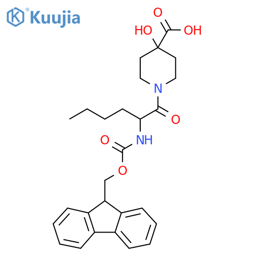 1-2-({(9H-fluoren-9-yl)methoxycarbonyl}amino)hexanoyl-4-hydroxypiperidine-4-carboxylic acid structure