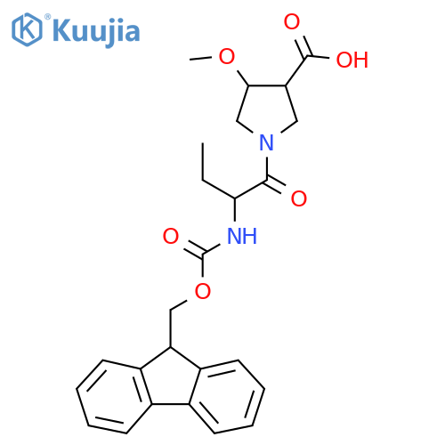 1-2-({(9H-fluoren-9-yl)methoxycarbonyl}amino)butanoyl-4-methoxypyrrolidine-3-carboxylic acid structure