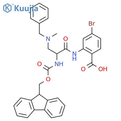 2-{3-benzyl(methyl)amino-2-({(9H-fluoren-9-yl)methoxycarbonyl}amino)propanamido}-4-bromobenzoic acid structure