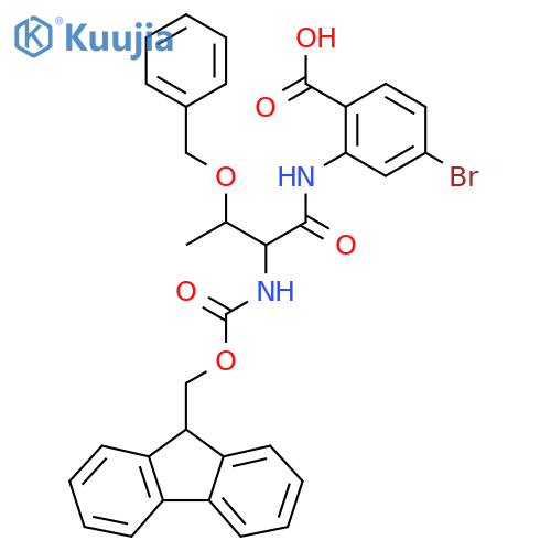 2-[3-(benzyloxy)-2-({[(9H-fluoren-9-yl)methoxy]carbonyl}amino)butanamido]-4-bromobenzoic acid structure