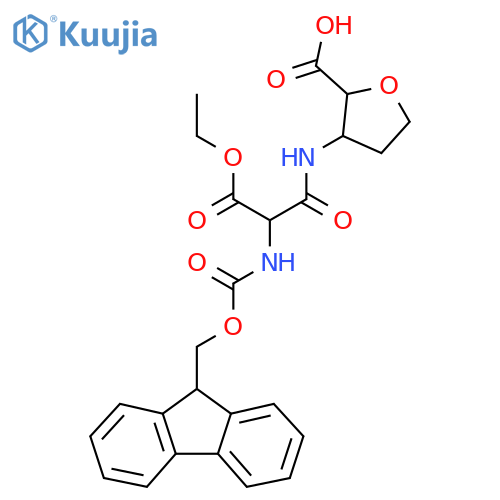 3-2-(ethyl carboxy)-2-({(9H-fluoren-9-yl)methoxycarbonyl}amino)acetamidooxolane-2-carboxylic acid structure