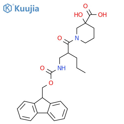 1-{2-({(9H-fluoren-9-yl)methoxycarbonyl}amino)methylpentanoyl}-3-hydroxypiperidine-3-carboxylic acid structure
