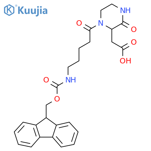 2-{1-5-({(9H-fluoren-9-yl)methoxycarbonyl}amino)pentanoyl-3-oxopiperazin-2-yl}acetic acid structure