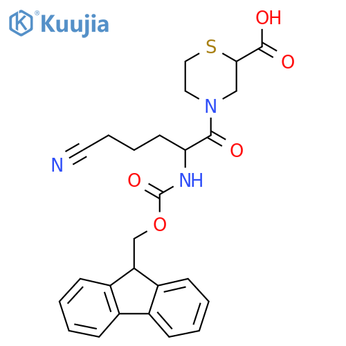 4-5-cyano-2-({(9H-fluoren-9-yl)methoxycarbonyl}amino)pentanoylthiomorpholine-2-carboxylic acid structure