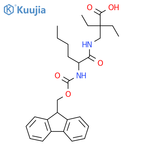 2-ethyl-2-{2-({(9H-fluoren-9-yl)methoxycarbonyl}amino)hexanamidomethyl}butanoic acid structure