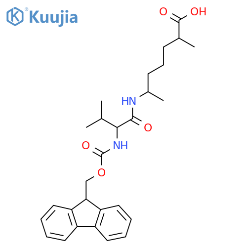 6-2-({(9H-fluoren-9-yl)methoxycarbonyl}amino)-3-methylbutanamido-2-methylheptanoic acid structure