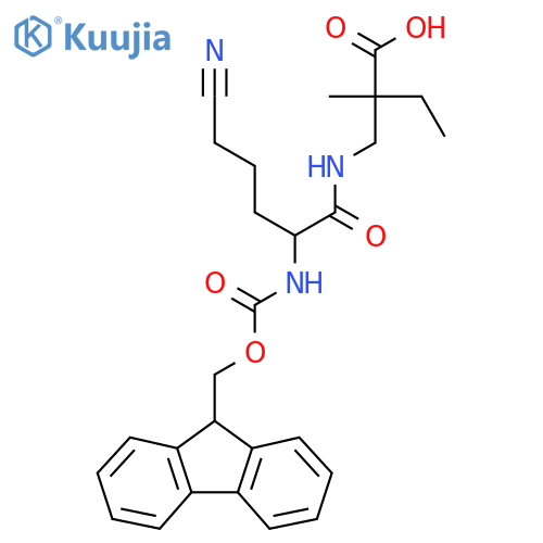 2-{5-cyano-2-({(9H-fluoren-9-yl)methoxycarbonyl}amino)pentanamidomethyl}-2-methylbutanoic acid structure