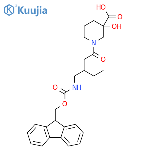 1-{3-({(9H-fluoren-9-yl)methoxycarbonyl}amino)methylpentanoyl}-3-hydroxypiperidine-3-carboxylic acid structure