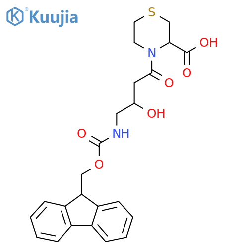 4-4-({(9H-fluoren-9-yl)methoxycarbonyl}amino)-3-hydroxybutanoylthiomorpholine-3-carboxylic acid structure