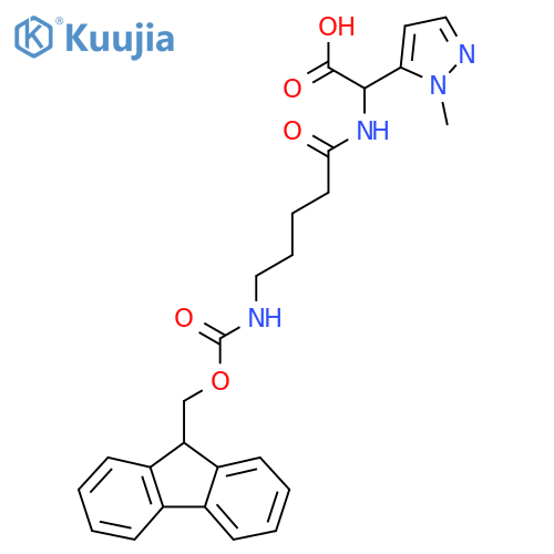 2-5-({(9H-fluoren-9-yl)methoxycarbonyl}amino)pentanamido-2-(1-methyl-1H-pyrazol-5-yl)acetic acid structure