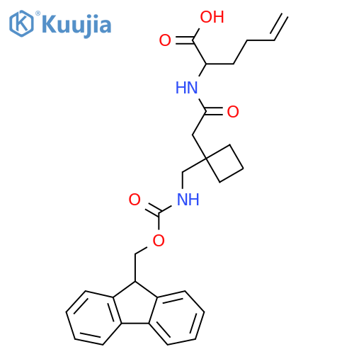 2-(2-{1-({(9H-fluoren-9-yl)methoxycarbonyl}amino)methylcyclobutyl}acetamido)hex-5-enoic acid structure