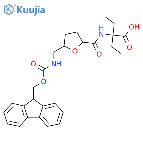 2-ethyl-2-({5-({(9H-fluoren-9-yl)methoxycarbonyl}amino)methyloxolan-2-yl}formamido)butanoic acid structure