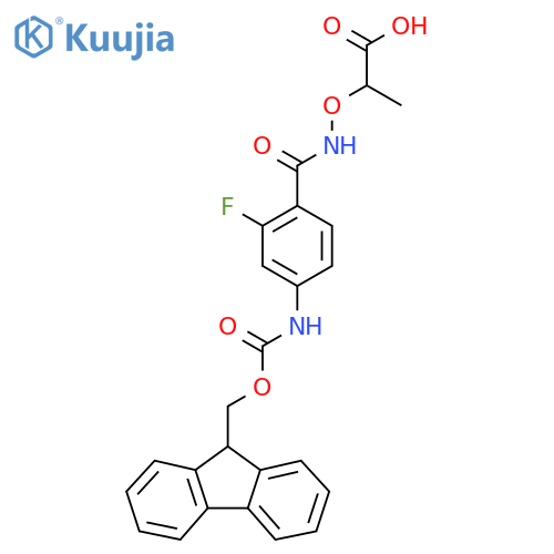 2-({4-({(9H-fluoren-9-yl)methoxycarbonyl}amino)-2-fluorophenylformamido}oxy)propanoic acid structure