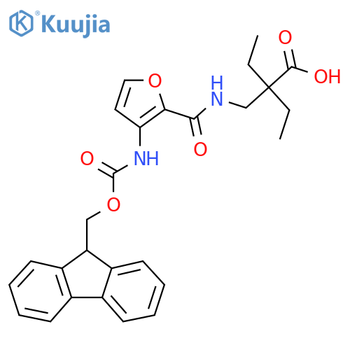 2-ethyl-2-({3-({(9H-fluoren-9-yl)methoxycarbonyl}amino)furan-2-ylformamido}methyl)butanoic acid structure