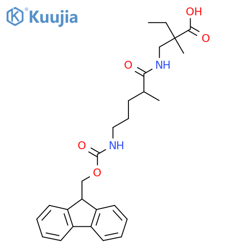 2-{5-({(9H-fluoren-9-yl)methoxycarbonyl}amino)-2-methylpentanamidomethyl}-2-methylbutanoic acid structure