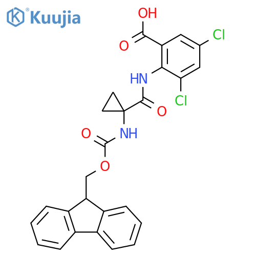 3,5-dichloro-2-1-({(9H-fluoren-9-yl)methoxycarbonyl}amino)cyclopropaneamidobenzoic acid structure