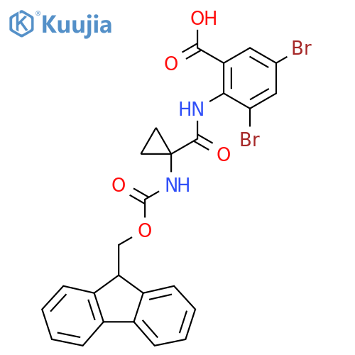 3,5-dibromo-2-1-({(9H-fluoren-9-yl)methoxycarbonyl}amino)cyclopropaneamidobenzoic acid structure