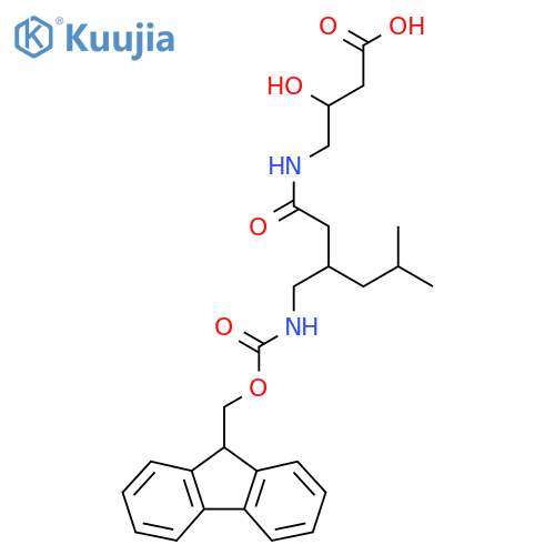 4-{3-({(9H-fluoren-9-yl)methoxycarbonyl}amino)methyl-5-methylhexanamido}-3-hydroxybutanoic acid structure