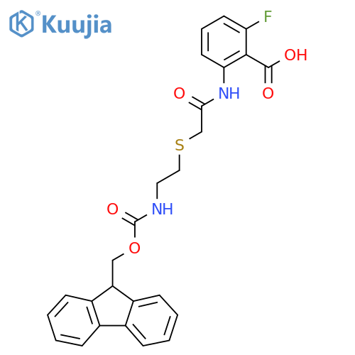 2-(2-{2-({(9H-fluoren-9-yl)methoxycarbonyl}amino)ethylsulfanyl}acetamido)-6-fluorobenzoic acid structure