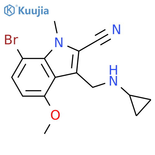 7-bromo-3-(cyclopropylamino)methyl-4-methoxy-1-methyl-1H-indole-2-carbonitrile structure