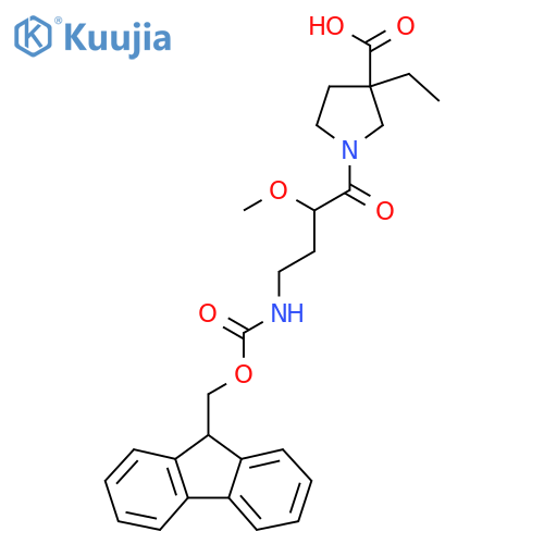 3-ethyl-1-4-({(9H-fluoren-9-yl)methoxycarbonyl}amino)-2-methoxybutanoylpyrrolidine-3-carboxylic acid structure