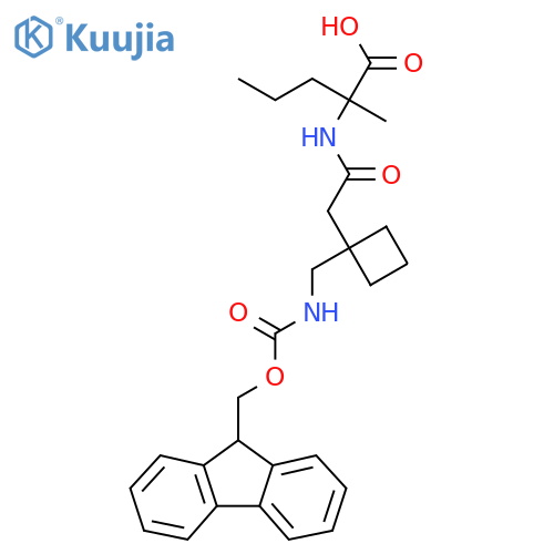 2-(2-{1-({(9H-fluoren-9-yl)methoxycarbonyl}amino)methylcyclobutyl}acetamido)-2-methylpentanoic acid structure