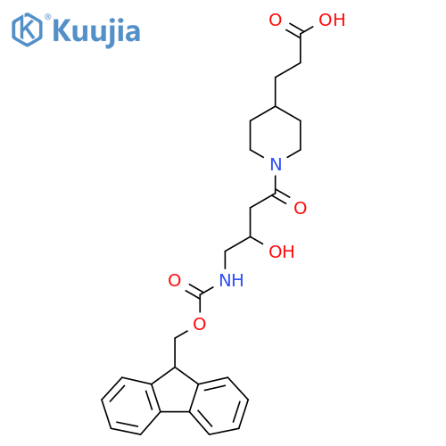 3-{1-4-({(9H-fluoren-9-yl)methoxycarbonyl}amino)-3-hydroxybutanoylpiperidin-4-yl}propanoic acid structure