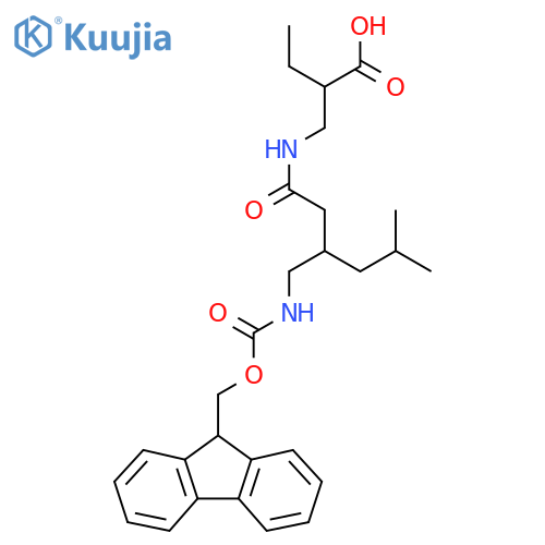 2-({3-({(9H-fluoren-9-yl)methoxycarbonyl}amino)methyl-5-methylhexanamido}methyl)butanoic acid structure