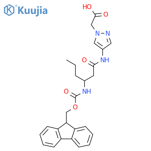 2-{4-3-({(9H-fluoren-9-yl)methoxycarbonyl}amino)hexanamido-1H-pyrazol-1-yl}acetic acid structure