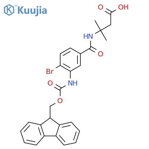 3-{4-bromo-3-({(9H-fluoren-9-yl)methoxycarbonyl}amino)phenylformamido}-3-methylbutanoic acid structure