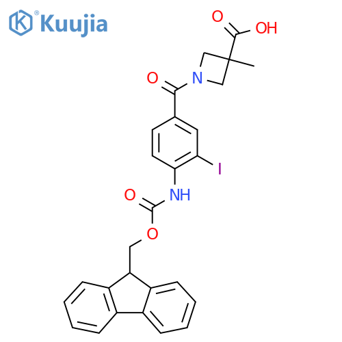 1-4-({(9H-fluoren-9-yl)methoxycarbonyl}amino)-3-iodobenzoyl-3-methylazetidine-3-carboxylic acid structure