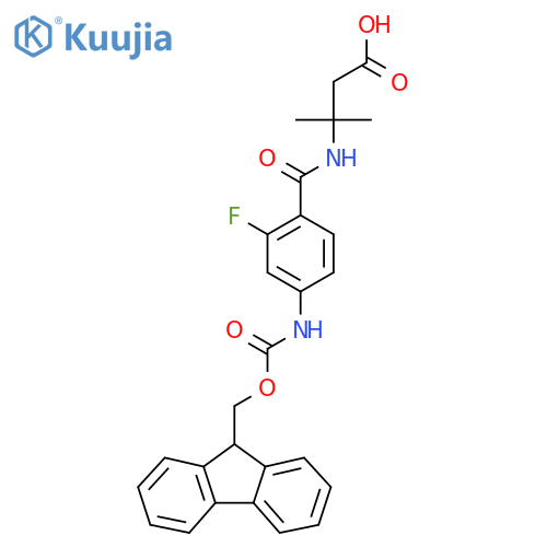 3-{4-({(9H-fluoren-9-yl)methoxycarbonyl}amino)-2-fluorophenylformamido}-3-methylbutanoic acid structure