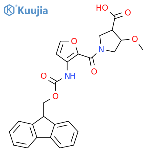 1-3-({(9H-fluoren-9-yl)methoxycarbonyl}amino)furan-2-carbonyl-4-methoxypyrrolidine-3-carboxylic acid structure