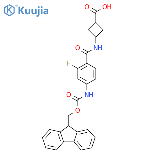 3-4-({(9H-fluoren-9-yl)methoxycarbonyl}amino)-2-fluorobenzamidocyclobutane-1-carboxylic acid structure