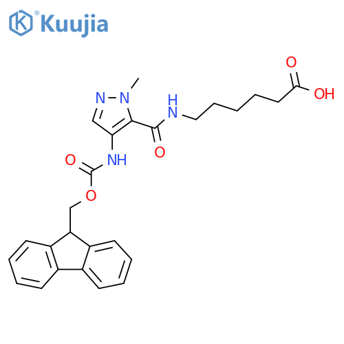 6-{4-({(9H-fluoren-9-yl)methoxycarbonyl}amino)-1-methyl-1H-pyrazol-5-ylformamido}hexanoic acid structure