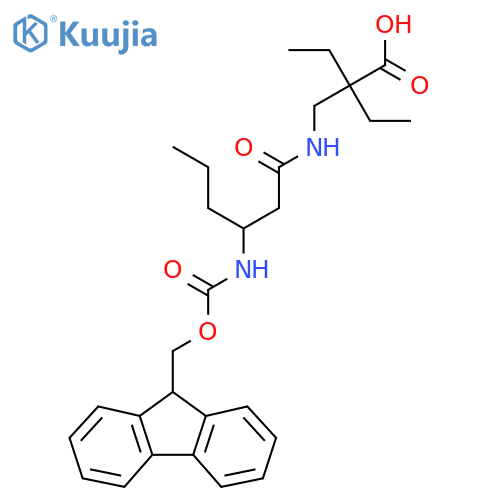 2-ethyl-2-{3-({(9H-fluoren-9-yl)methoxycarbonyl}amino)hexanamidomethyl}butanoic acid structure