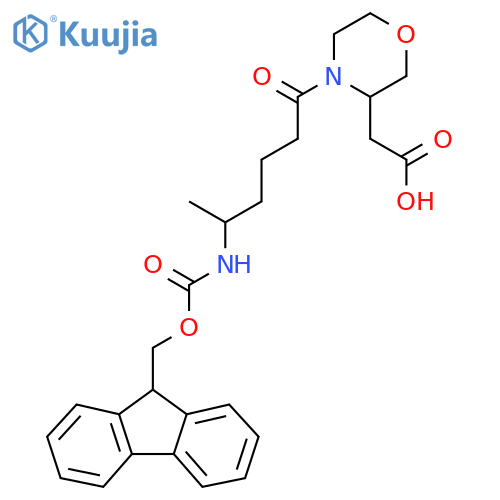 2-{4-5-({(9H-fluoren-9-yl)methoxycarbonyl}amino)hexanoylmorpholin-3-yl}acetic acid structure