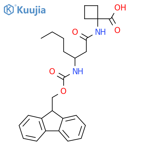 1-3-({(9H-fluoren-9-yl)methoxycarbonyl}amino)heptanamidocyclobutane-1-carboxylic acid structure