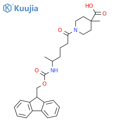 1-5-({(9H-fluoren-9-yl)methoxycarbonyl}amino)hexanoyl-4-methylpiperidine-4-carboxylic acid structure